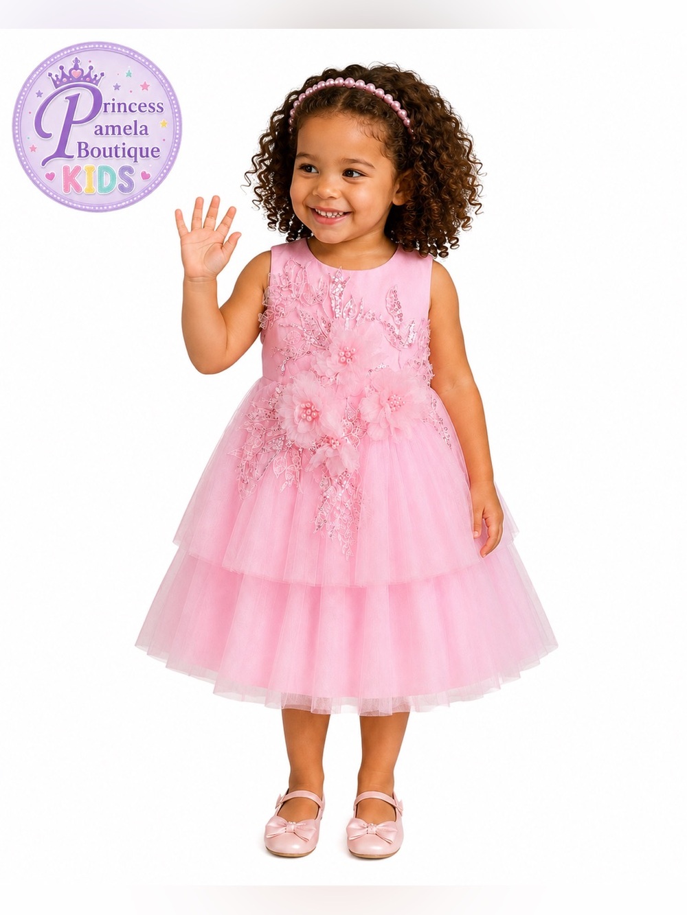 #103-23 Toddler Pink 3D beaded sequins flower/pageant girl toddler dress-Size 2T